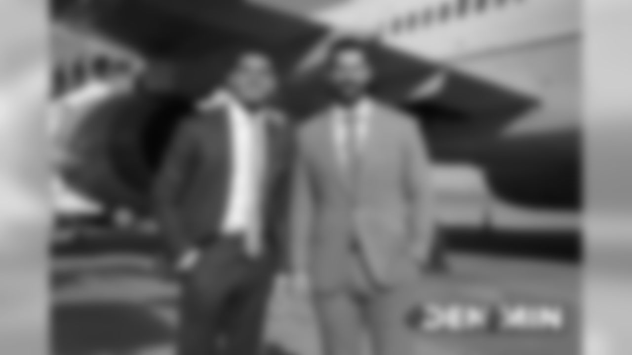 Justin Simmons and Brandon McManus on the tarmac at Denver International Airport during the team's travel to Minnesota on November 16, 2019 to face the Vikings.. (Photo by Gabriel Christus)