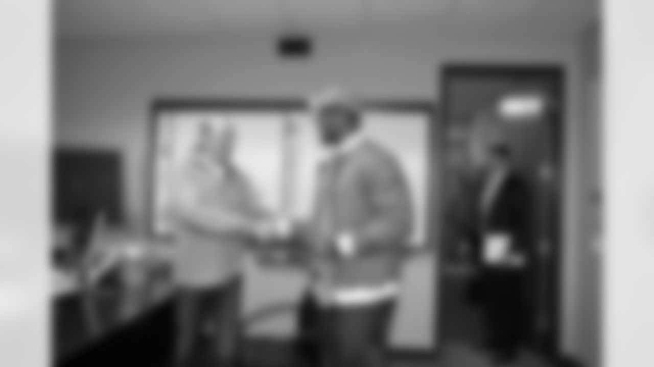 Von Miller, the Broncos' first-round pick in the 2011 NFL Draft, is welcomed by owner and CEO Pat Bowlen prior to Miller's press conference at the Denver Broncos Dove Valley facility in Englewood,CO April 29, 2011.