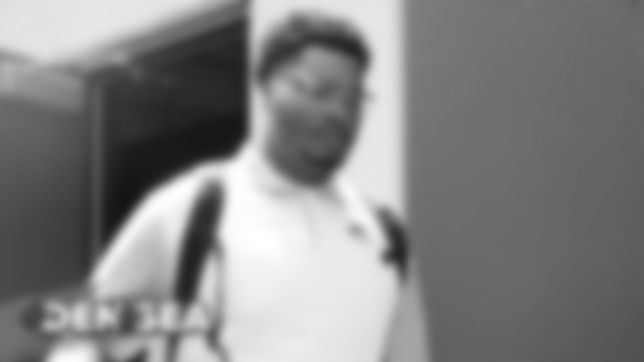 Elijah Wilkinson during the walk to the team buses for the Broncos' travel to Seattle on August 7, 2019 ahead of their game against the Seahawks.