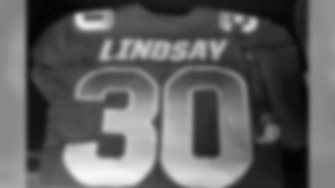 Phillip Lindsay's jersey in the locker room at the 2019 Pro Bowl at Camping World Stadium in Orlando, Florida, on January 27, 2019.
