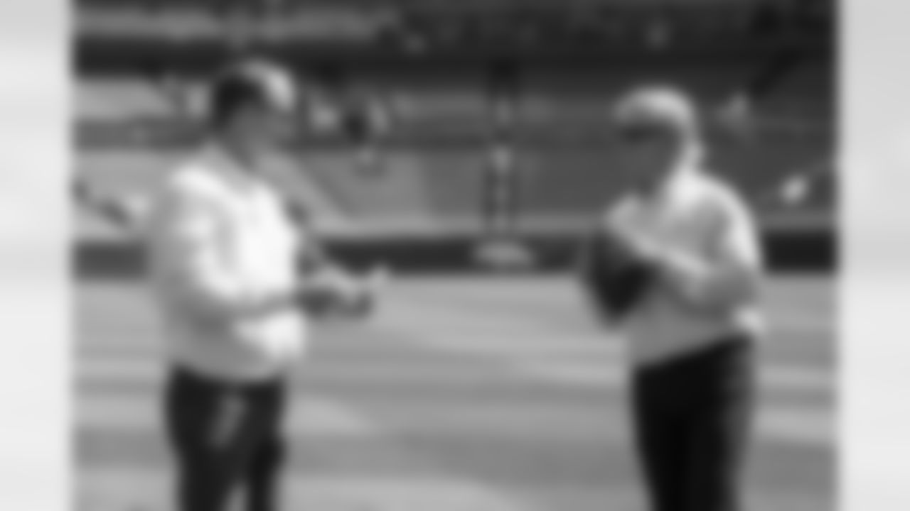 Peyton Manning and John Elway during the taping of an episode of Peyton's Places at Empower Field at Mile High on June 26, 2020. (Photo by Ben Swanson)