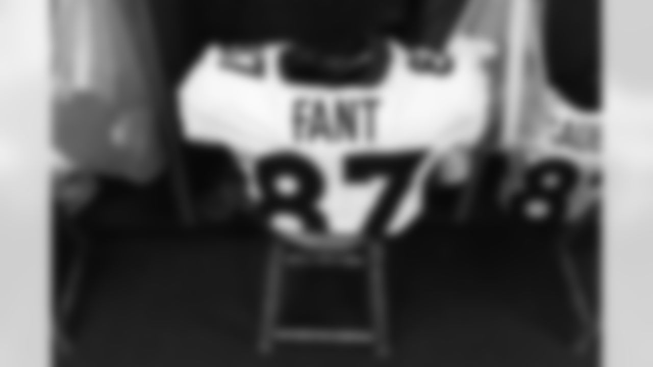 Noah Fant's jersey in the locker room before the Broncos' Week 13 game against the Kansas City Chiefs at GEHA Field at Arrowhead Stadium in Kansas City, Missouri on December 5, 2021. (Photo by Joe Abdellah)