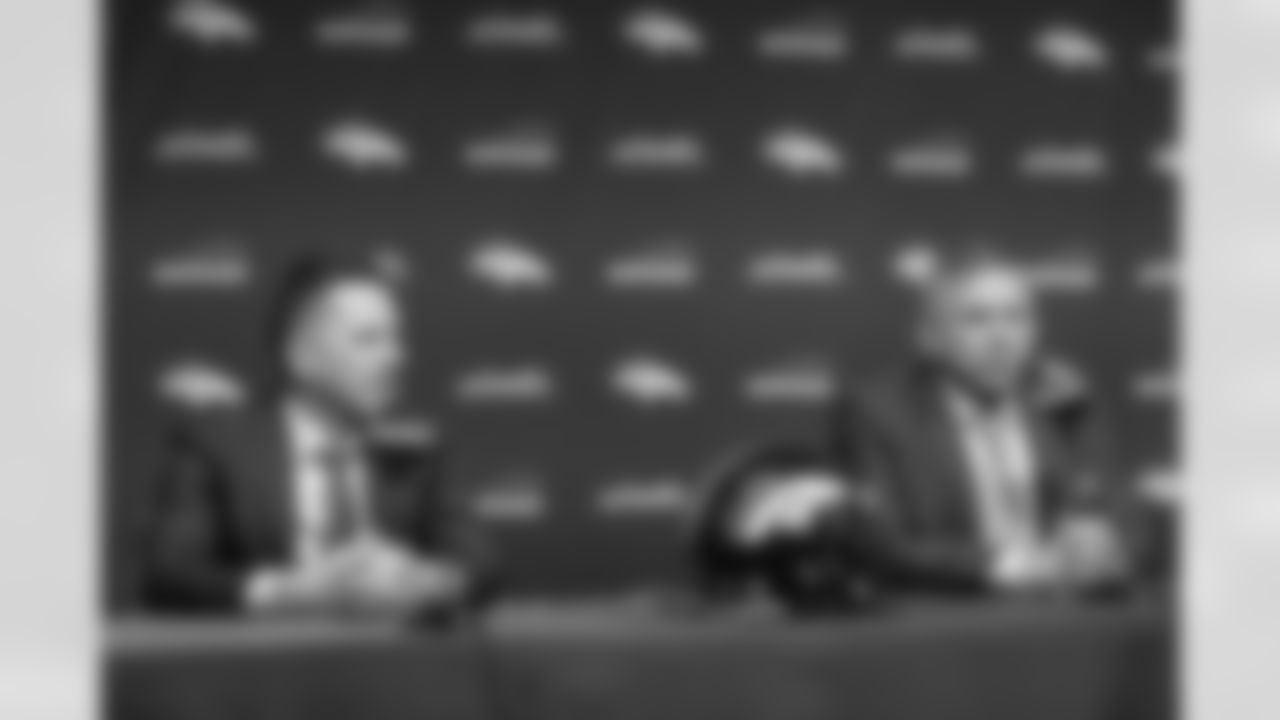 General Manager George Paton and Sean Payton during new Broncos Head Coach Sean Payton's introductory press conference at UCHealth Training Center in Englewood, Colorado on February 6, 2023. Photo by Gabriel Christus
