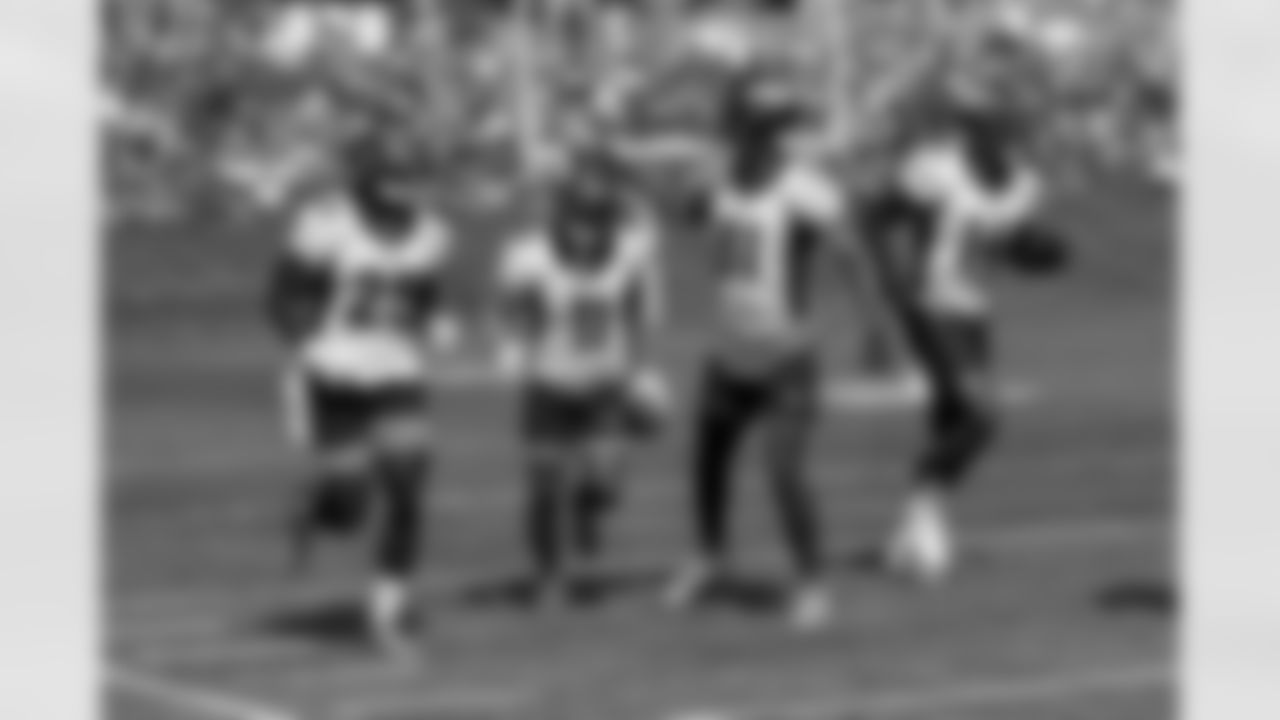 Tim Patrick, Melvin Gordon III, Diontae Spencer and Courtland Sutton during practice on the fifth day of training camp at UCHealth Training Center on August 2, 2021. (Photo by Sam Weaver)