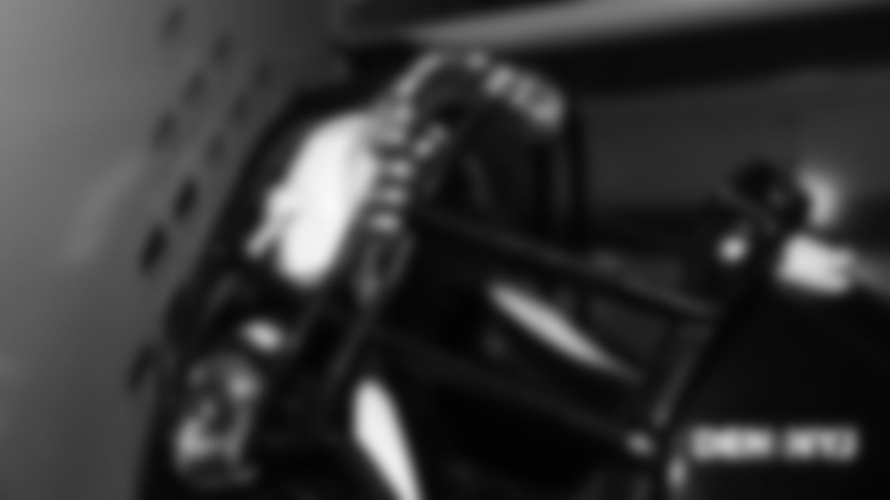 Derek Wolfe's mouth guard on his helmet in the locker room pregame before the Broncos' Week 5 game against the New York Jets at MetLife Stadium on October 7, 2018.