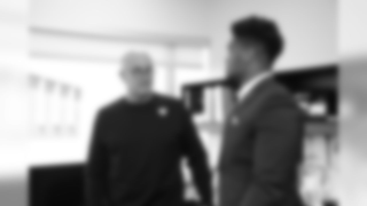 Defensive Line Coach Bill Kollar talks with Dre'Mont Jones during the arrival tour for Day 2 picks at UCHealth Training Center on April 27, 2019 after the Broncos drafted them in the 2019 NFL Draft.