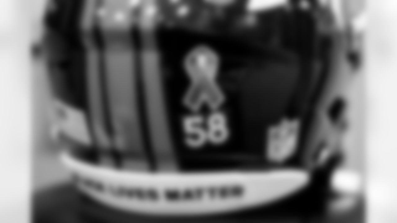 Von Miller's helmet in the locker room before the Broncos' Week 1 game against the New York Giants at MetLife Stadium in East Rutherford, New Jersey, on September 12, 2021. (Photo by Joe Abdellah)