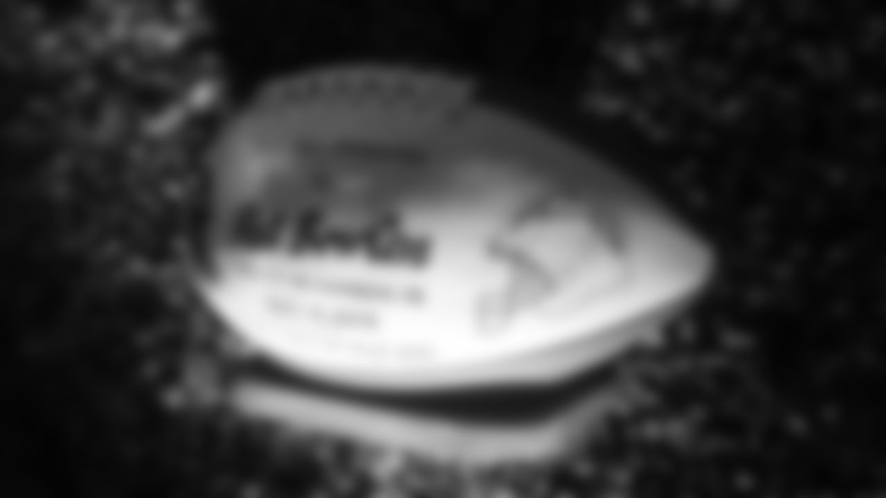 Mr. Bowlen's game football from the Broncos' September 14, 2008, victory over the Chargers is featured in a display at the open-house tribute to Pat Bowlen at Broncos Stadium at Mile High on June 18, 2019.