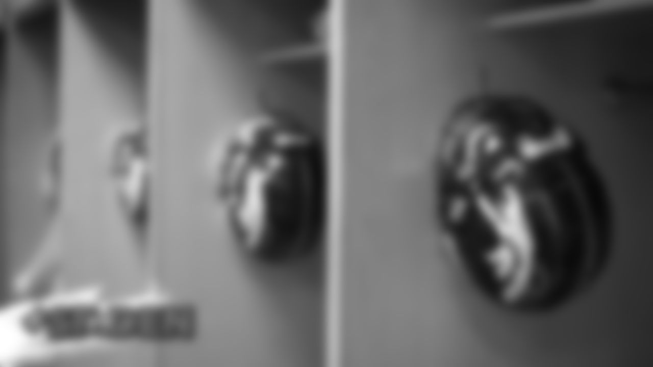 Helmets inside the locker room before the Broncos' preseason game against the San Francisco 49ers on August 19, 2019 at Broncos Stadium at Mile High in Denver, Colorado.
