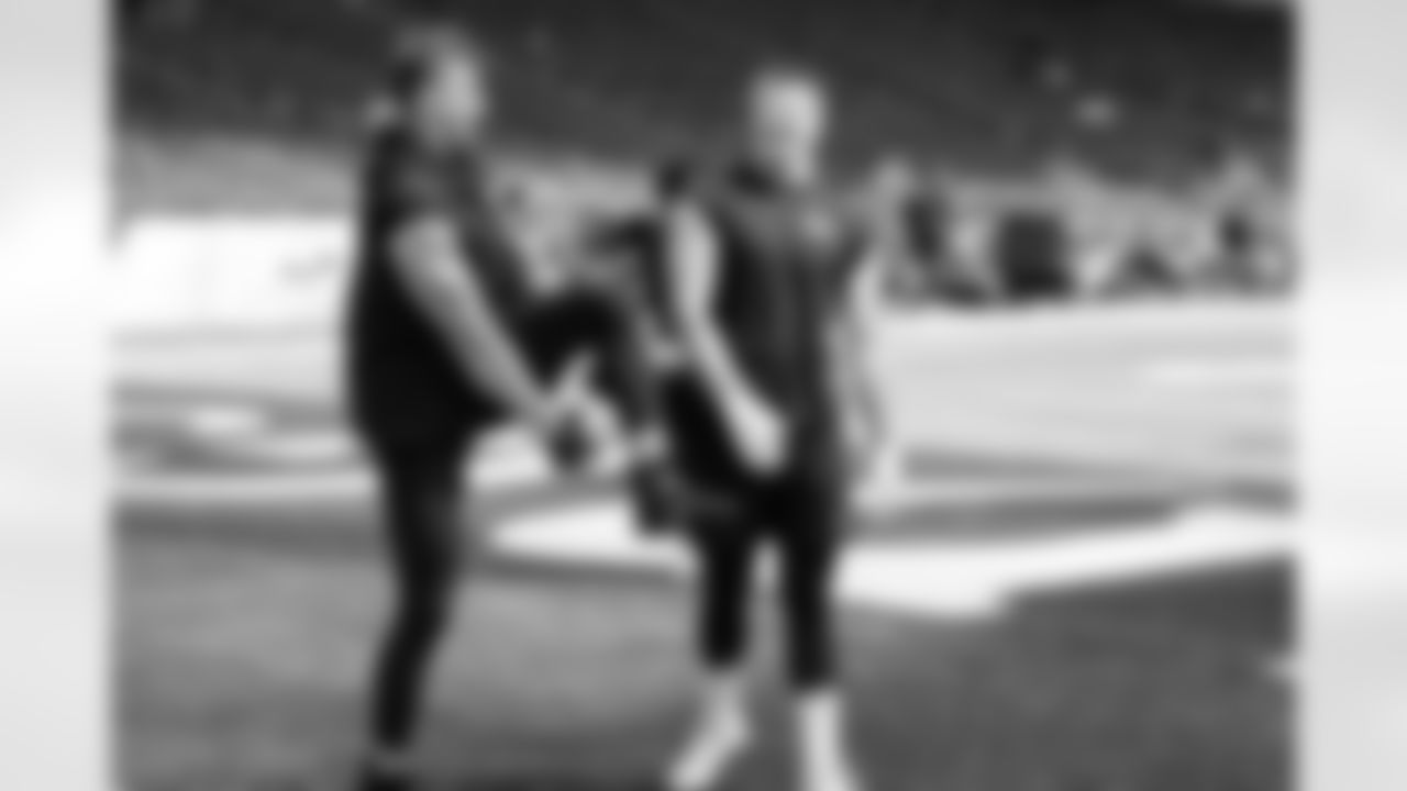 Eric Saubert and Shaun Beyer before the Broncos' preseason Week 1 game against the Minnesota Vikings at U.S. Bank Stadium in Minneapolis, Minnesota on August 14, 2021. (Photo by NFL)