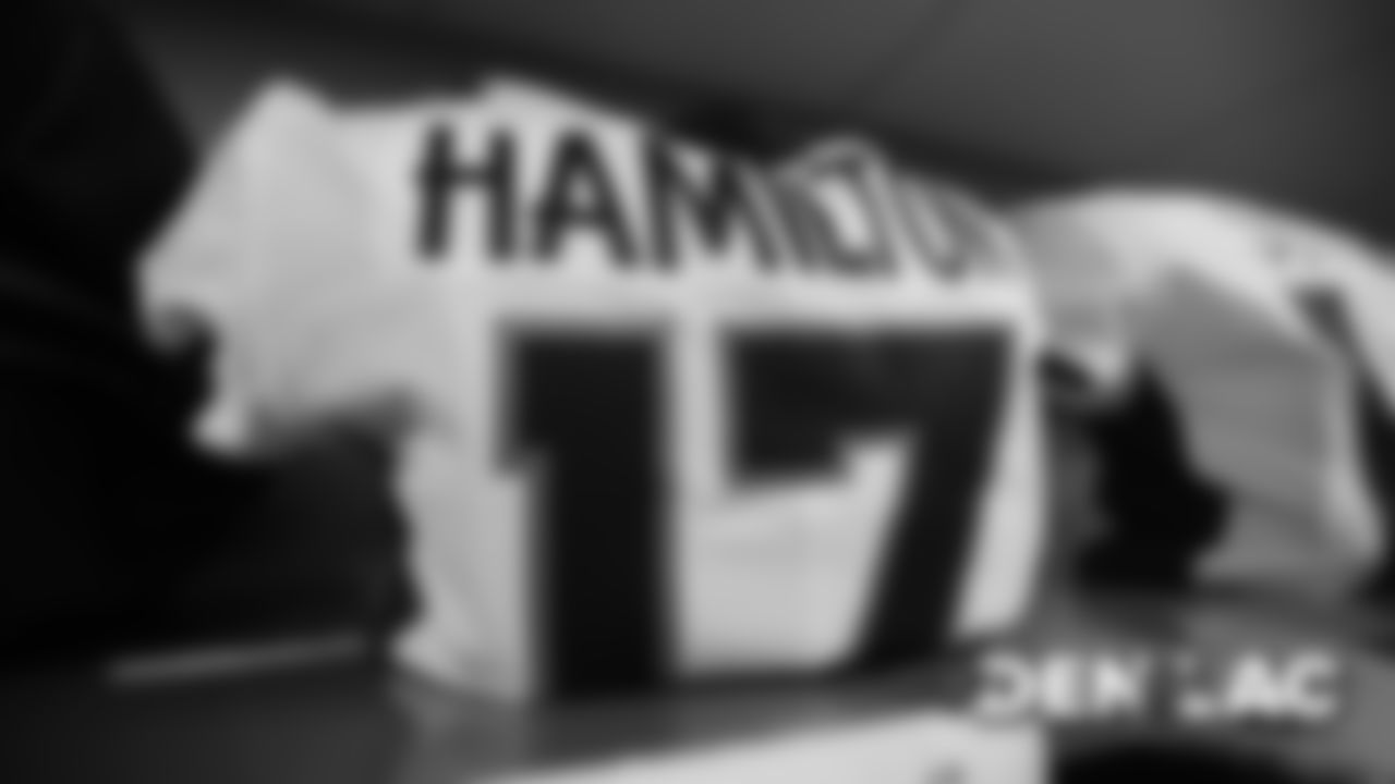 DaeSean Hamilton's jersey in the visiting locker room for the Broncos' game against the Los Angeles Chargers at Dignity Health Sports Park on October 6, 2019. (Photo by Ben Swanson)