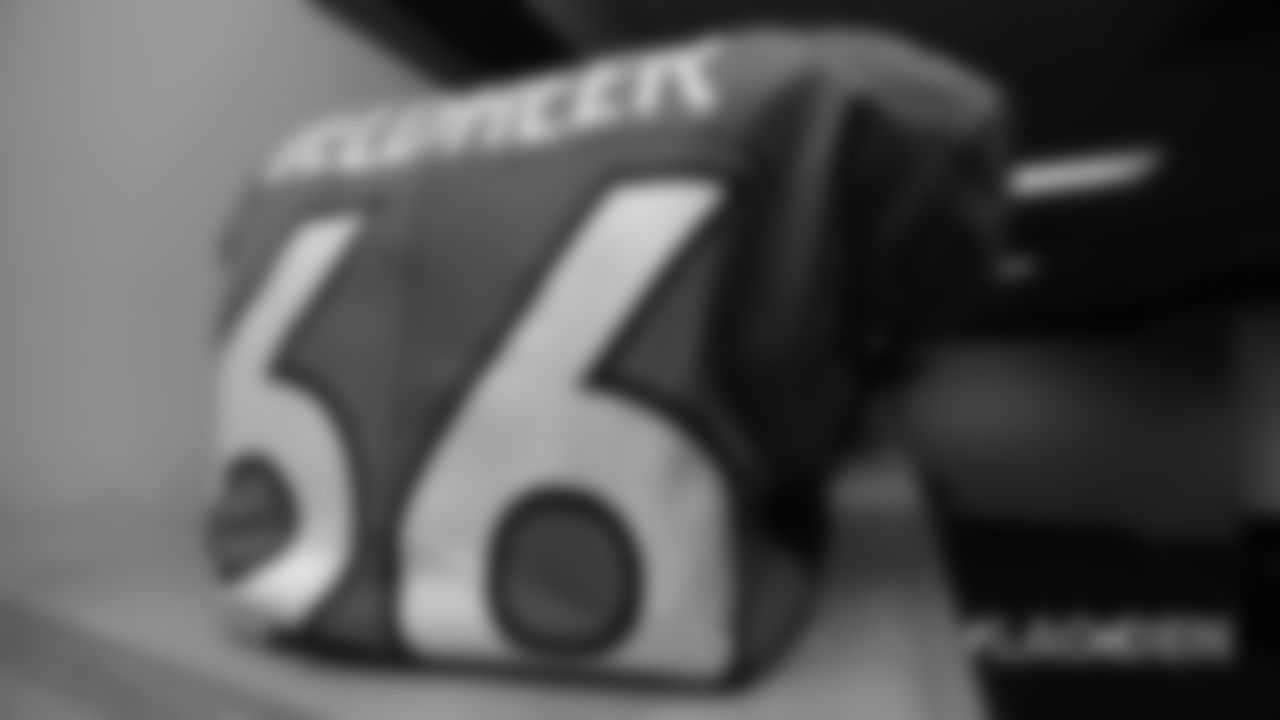 Jared Veldheer's jersey in the locker room before the Broncos' Week 17 game against the Los Angeles Chargers at Broncos Stadium at Mile High on December 30, 2018.