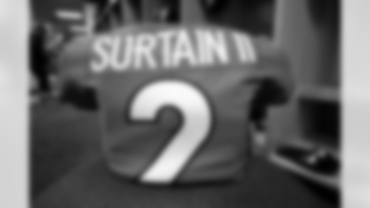 Pat Surtain II's jersey in the locker room before the Broncos' Week 3 game against the New York Jets at Empower Field at Mile High in Denver, Colorado on September 26, 2021. (Photo by Sam Weaver)