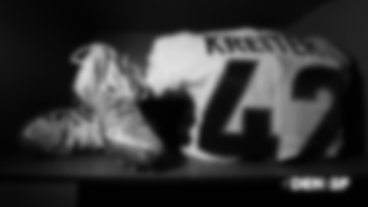 Casey Kreiter's jersey and custom cleats representing Gamers Outreach for My Cause My Cleats in the locker room before the Broncos' Week 14 game against the San Francisco 49ers at Levi's Stadium on December 9, 2018.