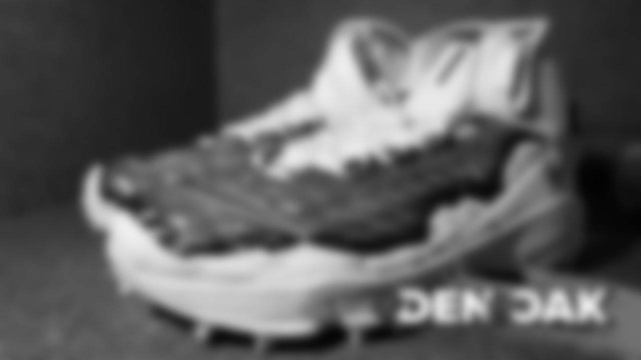 Ja'Wuan James' cleats in the visiting locker room for the Broncos' game against the Oakland Raiders at Oakland-Alameda Coliseum on September 9, 2019. (Photo by Ben Swanson)