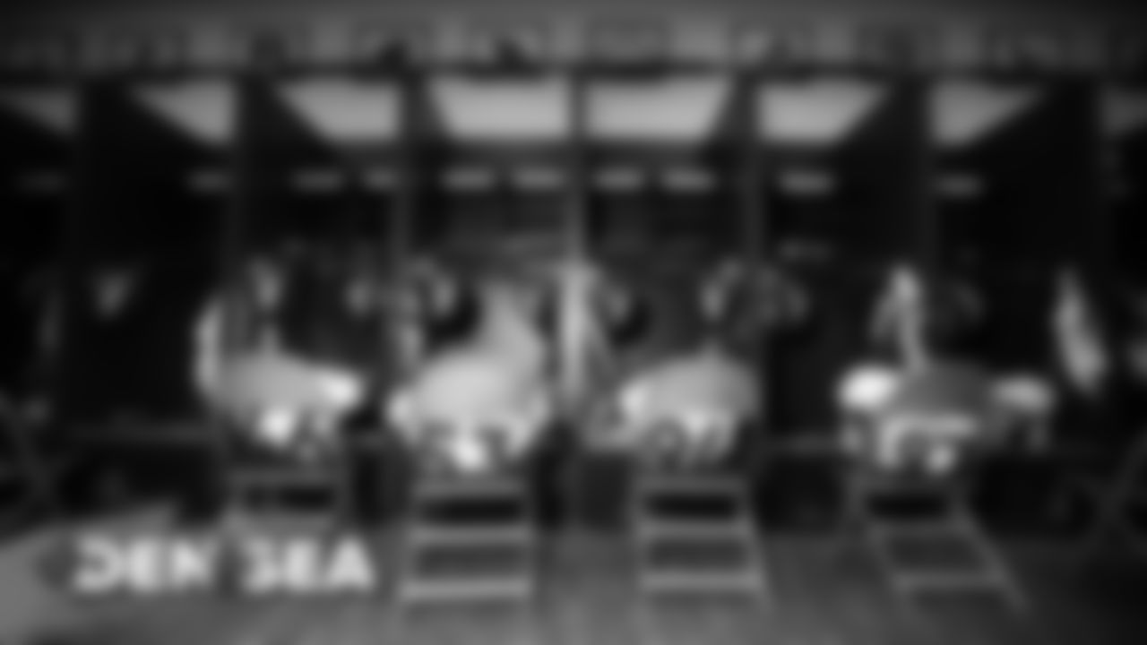 Jeff Holland's, Joe Dineen's, Ahmad Gooden's and DeShawn Williams' jerseys in the visiting locker room for the Broncos' preseason game against the Seattle Seahawks at CenturyLink Field on August 8, 2019.