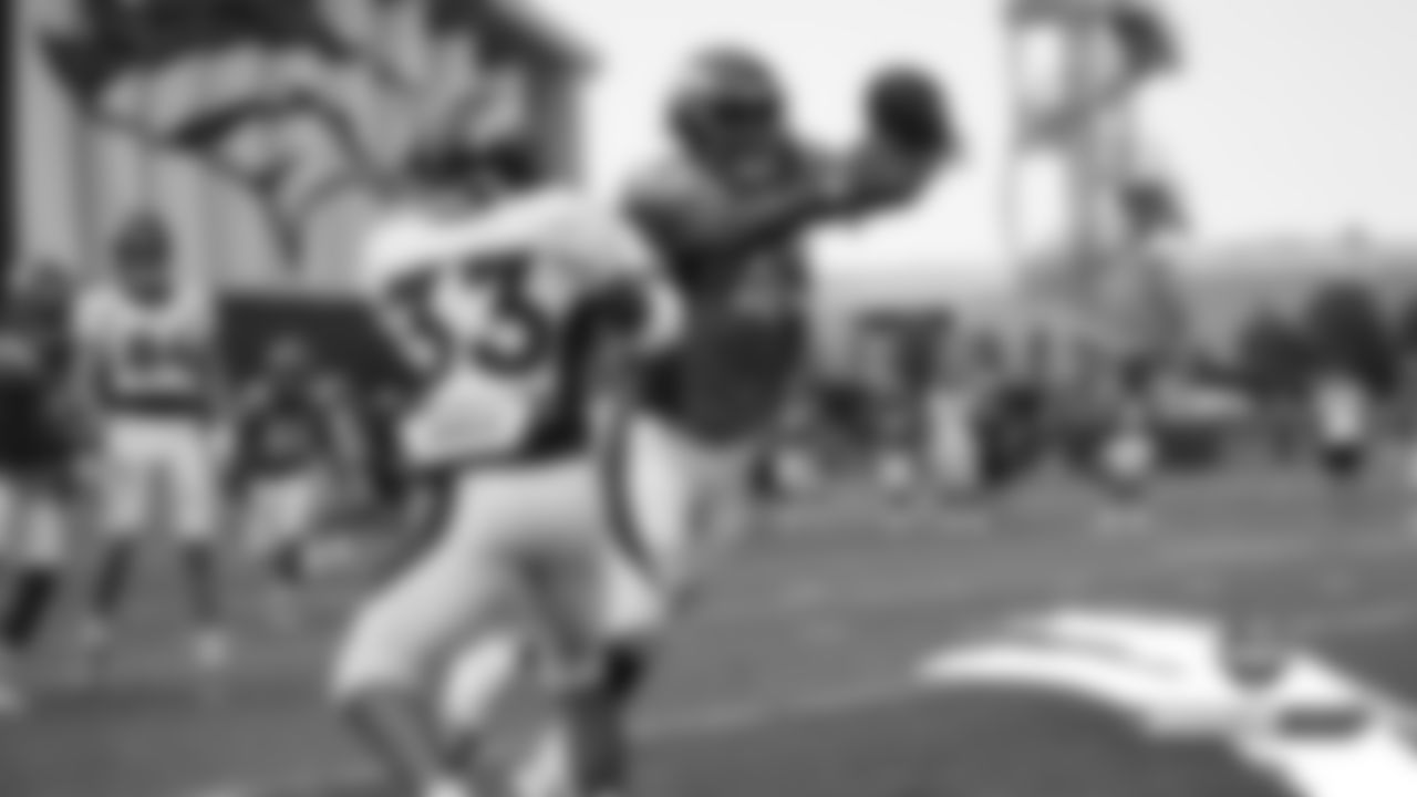 Joe Jones makes an interception during practice on Day 10 of training camp on July 29, 2019.