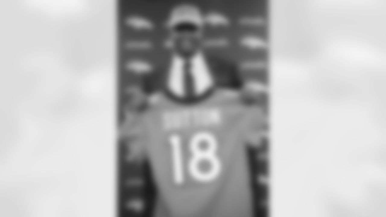 Courtland Sutton holds a jersey at UCHealth Training Center in Centennial, CO, April 28, 2018.
Photo by Gabriel Christus