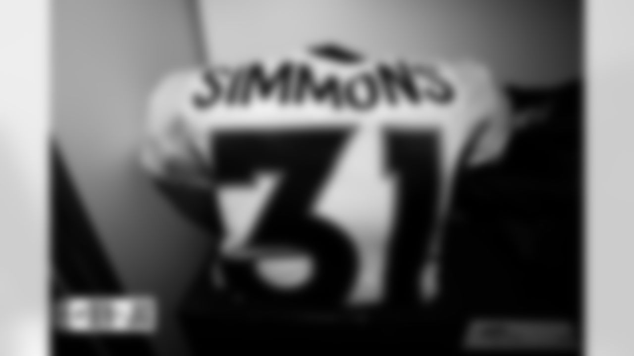Justin Simmons's jersey in the locker room before the Broncos' Week 8 game against the Jacksonville Jaguars at Wembley Stadium in London, England in the United Kingdom on October 30, 2022. (Photo by Ben Swanson)