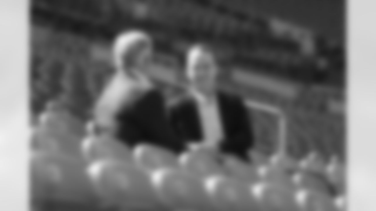 John Elway sits down with Peyton Manning for an interview in the stands during the taping of an episode of Peyton's Places at Empower Field at Mile High on June 26, 2020. (Photo by Ben Swanson)
