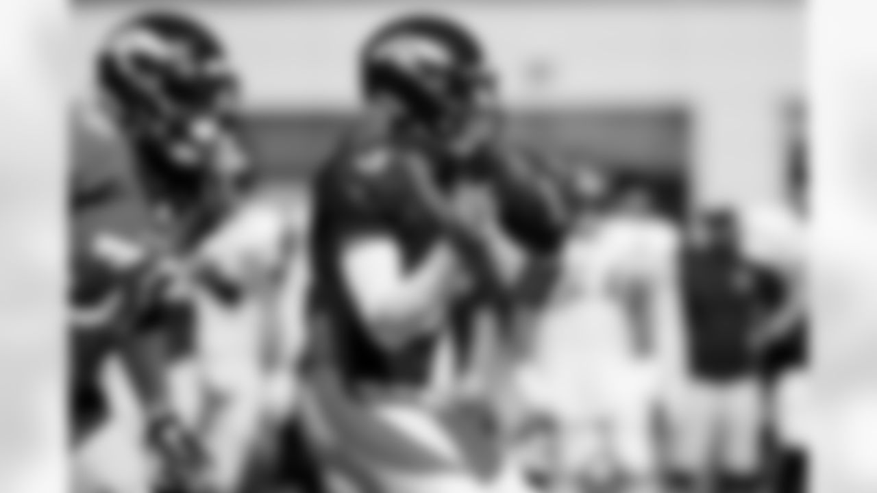 Drew Lock during a joint practice with the Minnesota Vikings amid training camp at TCO Performance Center on August 11, 2021. (Photo by Ben Swanson)