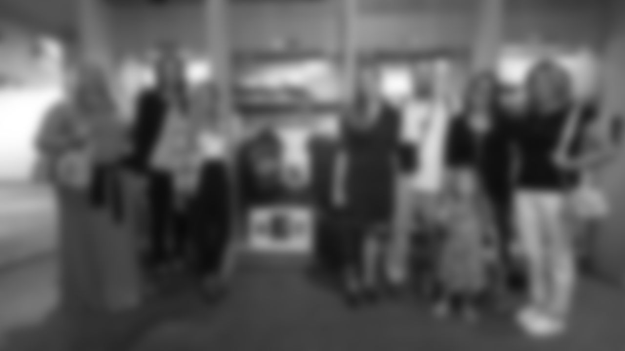 A group photo of members of the Bowlen family, including Amie Klemmer, Beth Bowlen Wallace, Annabel Bowlen, Brittany Bowlen, Patrick Bowlen Jr. and Christianna Bowlen (far right), during a tour of the Pro Football Hall of Fame in Canton, Ohio, on July 31, 2019.