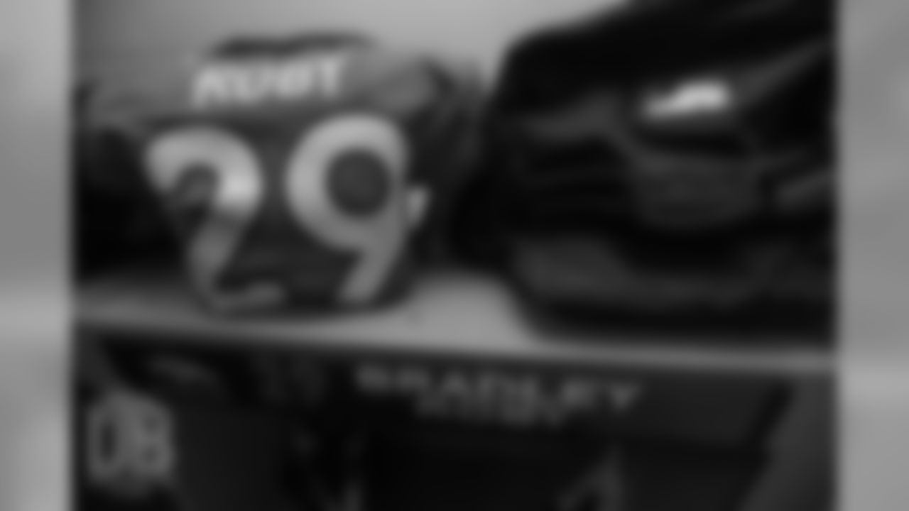 Cornerback Bradley Roby (29)'s pads inside the locker room pregame before the Broncos' preseason game against the Minnesota Vikings on August 11, 2018, at Broncos Stadium at Mile High.