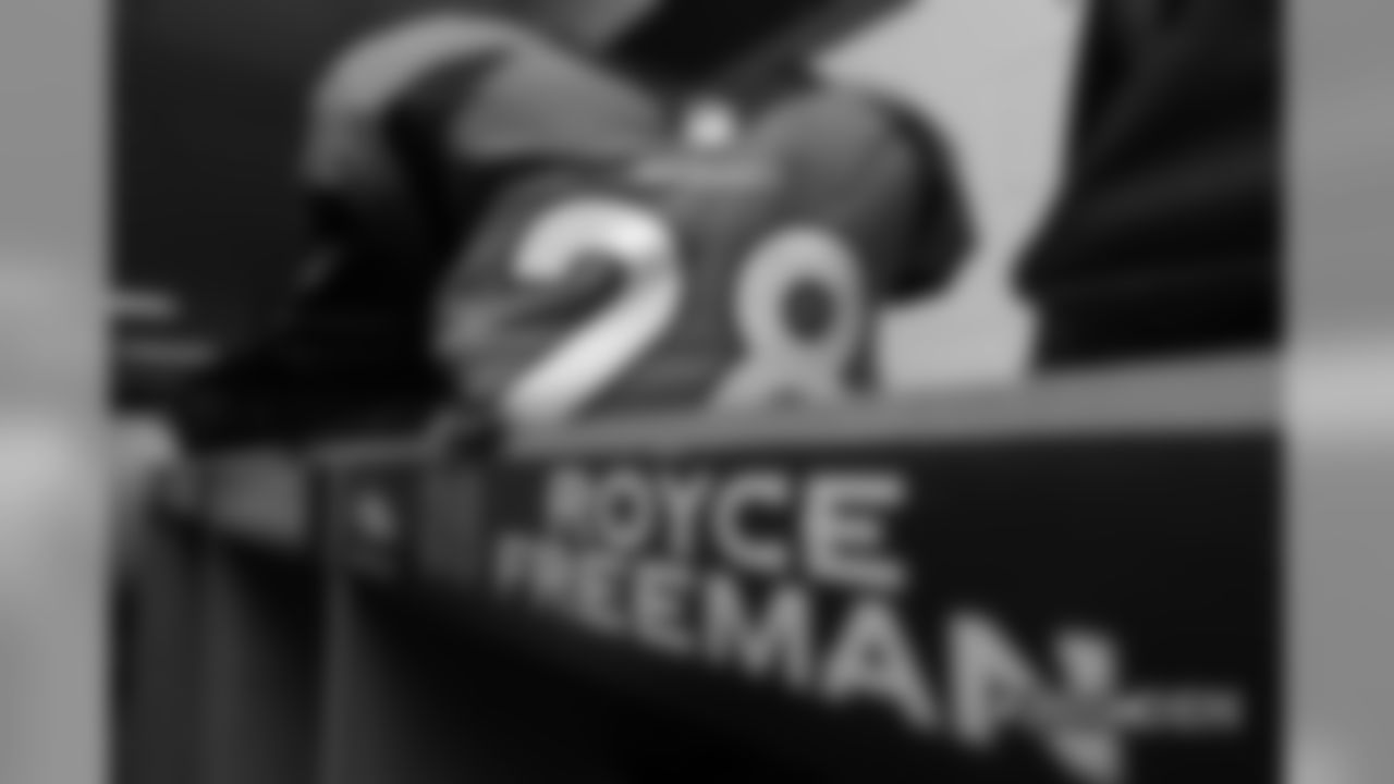Royce Freeman's jersey in the locker room before the Broncos' Week 17 game against the Los Angeles Chargers at Broncos Stadium at Mile High on December 30, 2018.