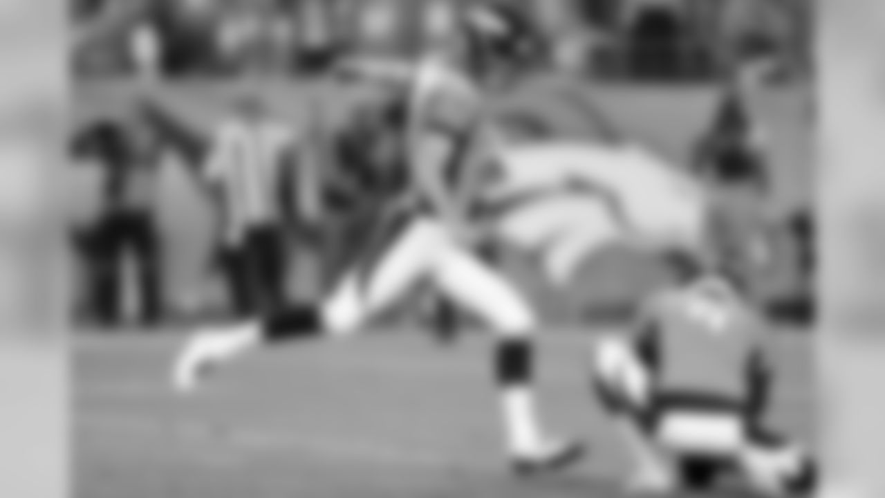 K Brandon McManus kicks a point after touchdown against the Chargers. McManus was aquired by the Broncos in a trade from the New York Giants.