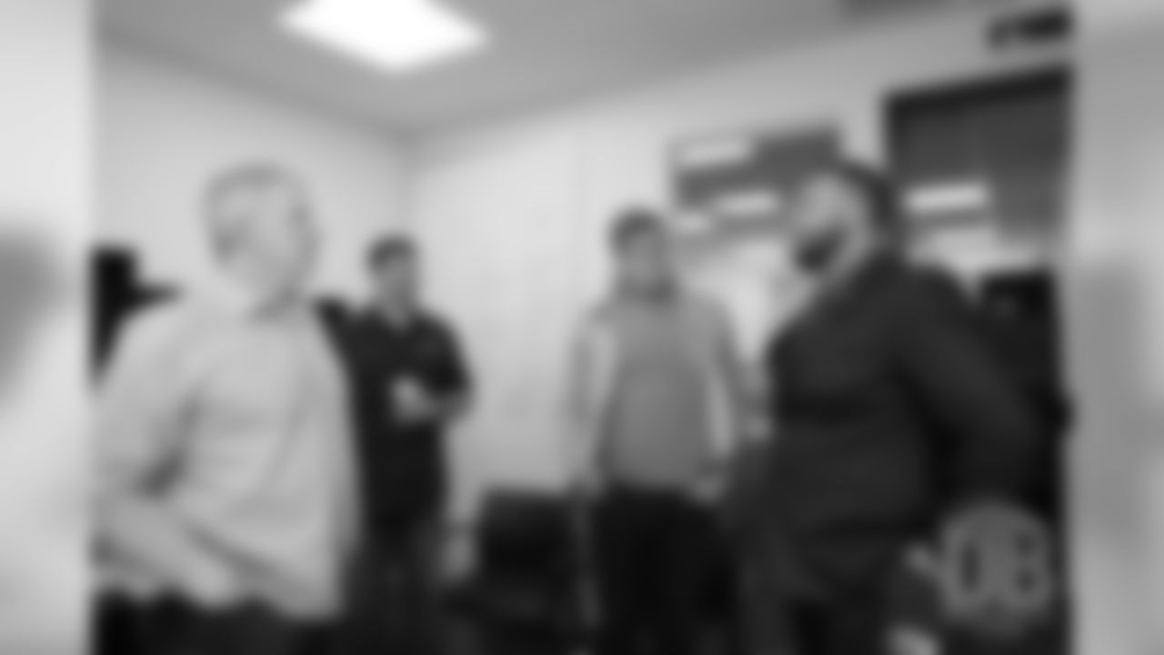 Offensive Line Coach Mike Munchak, Offensive Quality Control Coach Justin Rascati and Assistant Offensive Line Coach Chris Kuper talk with Dalton Risner during the arrival tour for Day 2 picks at UCHealth Training Center on April 27, 2019 after the Broncos drafted them in the 2019 NFL Draft.