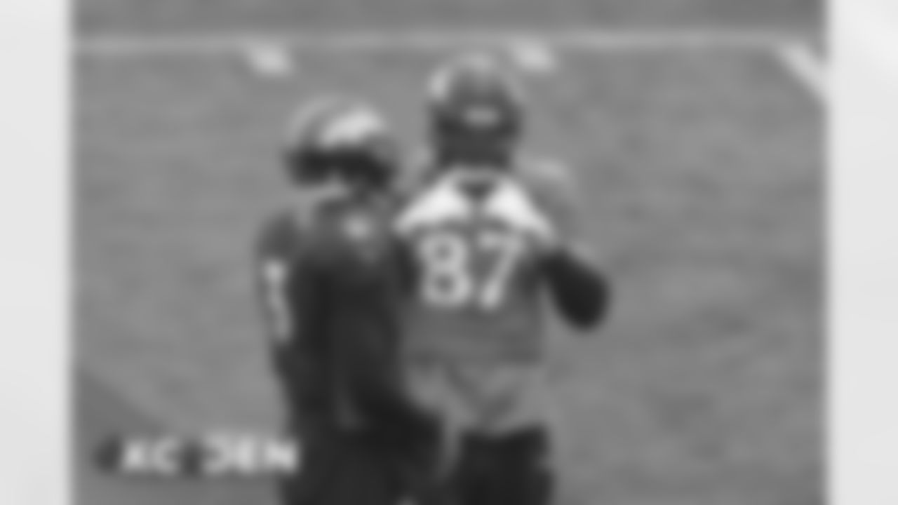 Drew Lock and Noah Fant during practice at UCHealth Training Center in Centennial, Colorado, October 22, 2020.
Photo by Gabriel Christus