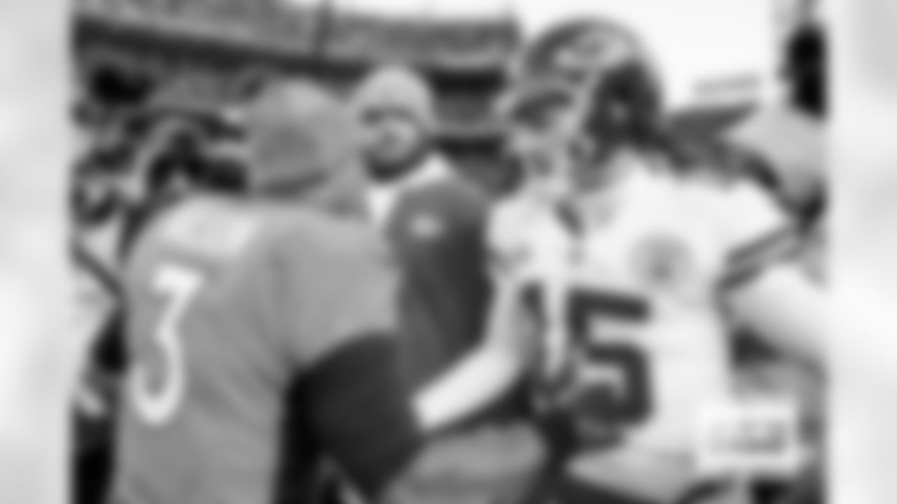Denver Broncos quarterback Russell Wilson (3) and Kansas City Chiefs quarterback Patrick Mahomes (15) shake hands after the Broncos' Week 8 game against the Kansas City Chiefs at Empower Field at Mile High in Denver, Colorado on October 29, 2023. Photo by Gabriel Christus / Denver Broncos