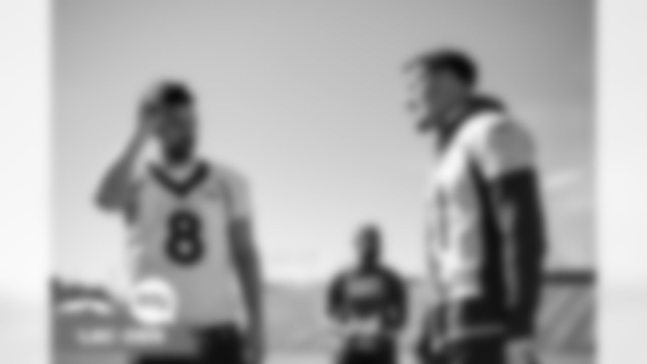 Brandon McManus and Justin Simmons during practice at UCHealth Training Center in Englewood, Colorado on November 26, 2021. (Photo by Ben Swanson)