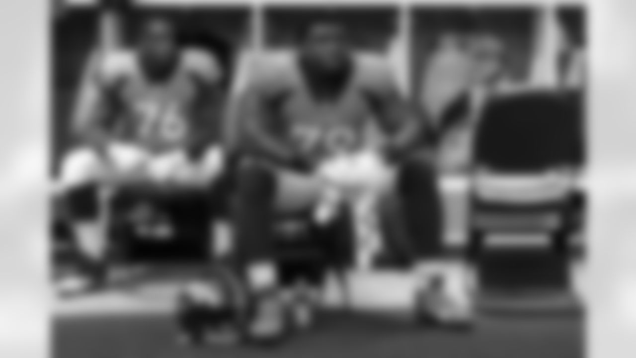 Denver Broncos center Lloyd Cushenberry III (79) and offensive tackle Calvin Anderson (76) in the locker room before a NFL game against the Houston Texans on Sunday, September 18, 2022 at Empower Field at Mile High in Denver, Colorado.
Photo by Gabriel Christus/Denver Broncos