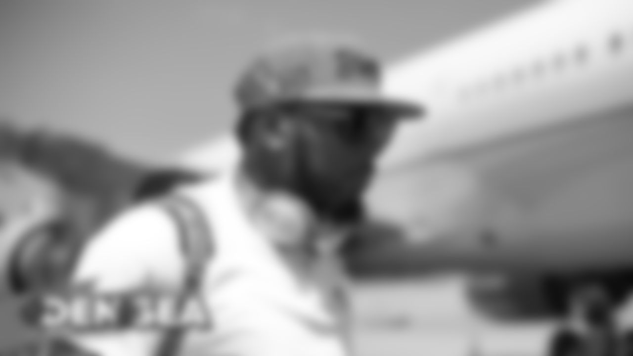 Keishawn Bierria on the tarmac for the Broncos' flight to Seattle on August 7, 2019 ahead of their game against the Seahawks.