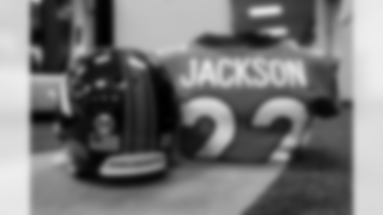 Kareem JacksonÕs helmet and jersey ahead of the Broncos Week 14 game vs. the Lions at Empower Field at Mile High on December 12, 2021. The Broncos helmets have an 88 decal on them to honor former Broncos WR Demaryius Thomas.