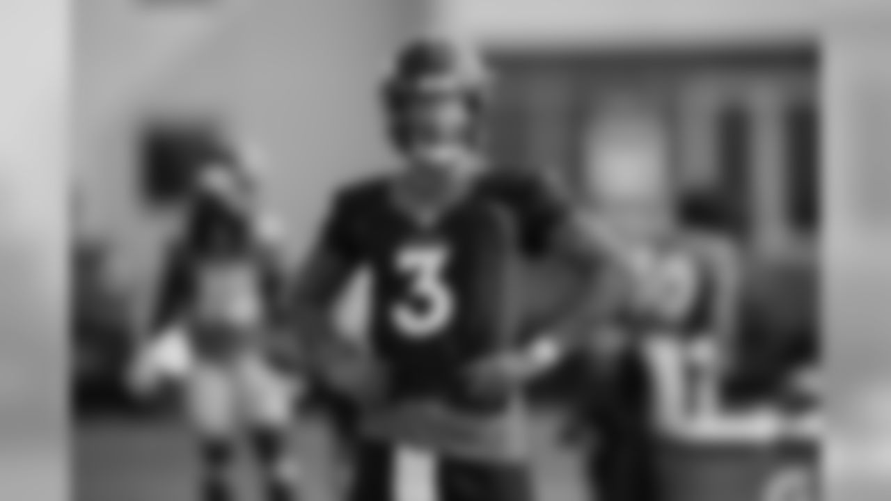 Drew Lock during the second training camp practice at UCHealth Training Center on August 16, 2020. (Photo by Ben Swanson)