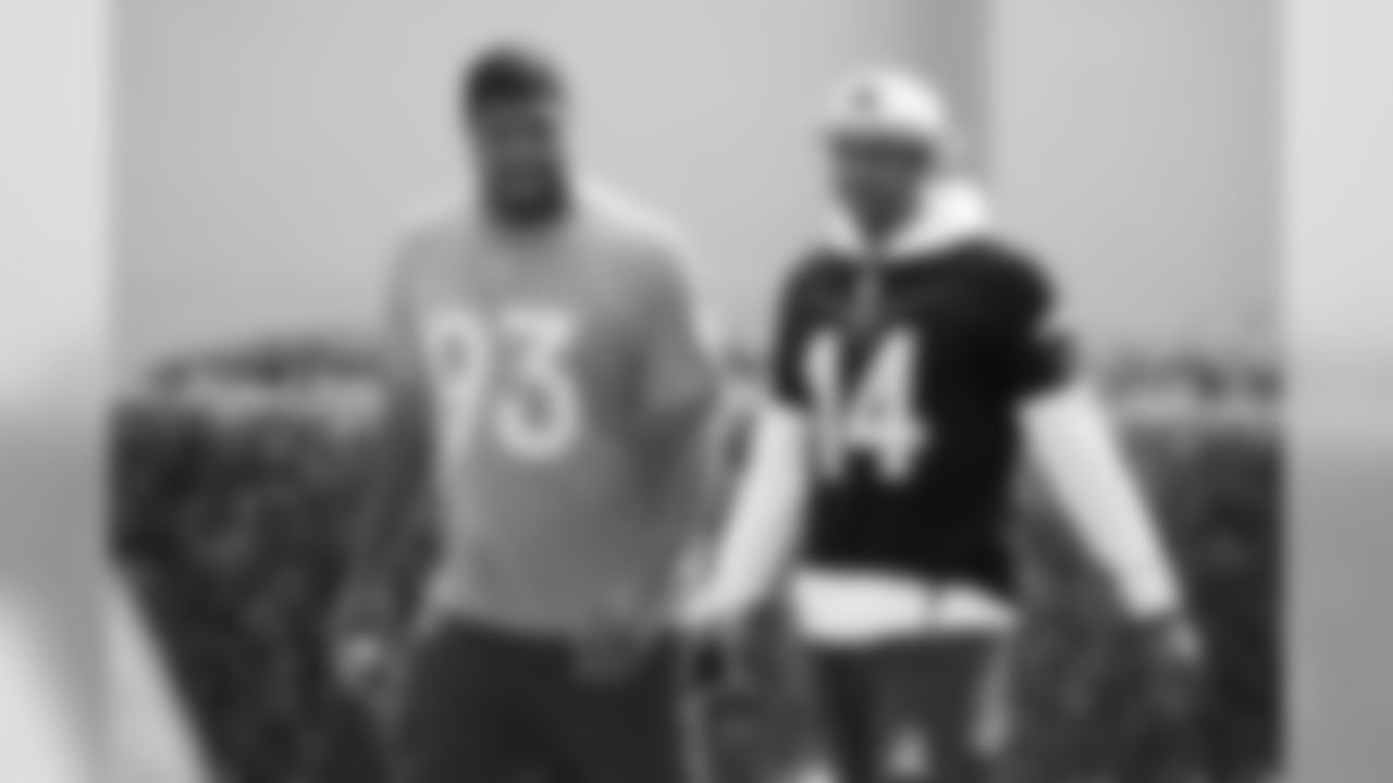 Jaguars defensive lineman Calais Campbell talks with Courtland Sutton at the second day of practice at the 2020 Pro Bowl on January 23, 2020 at the ESPN Wide World of Sports Complex in Orlando, Florida. (Photo by Ben Swanson)