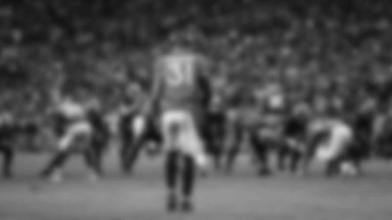Denver Broncos safety Justin Simmons (31) looks across the line of scrimmage just before the snap during the Broncos' game against the Cleveland Browns at Empower Field at Mile High on November 3, 2019. (Photo by Jeremy Rincon)