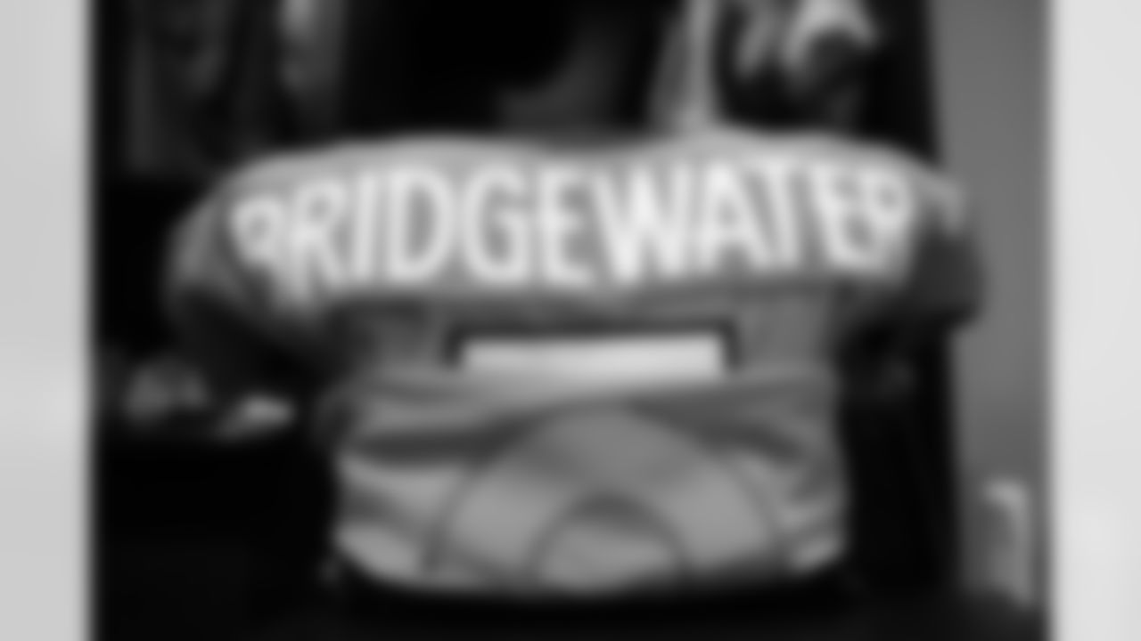 Teddy Bridgewater's jersey in the locker room before the Broncos' Week 2 game against the Jacksonville Jaguars at TIAA Bank Field in Jacksonville, Florida on September 19, 2021. (Photo by Sydney Jones)