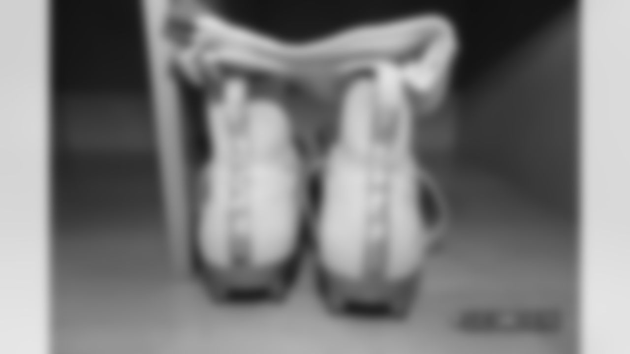 Jake Butt's cleats and socks in the locker room pregame before the Broncos' Week 1 game against the Seattle Seahawks at Broncos Stadium at Mile High on September 9, 2018.