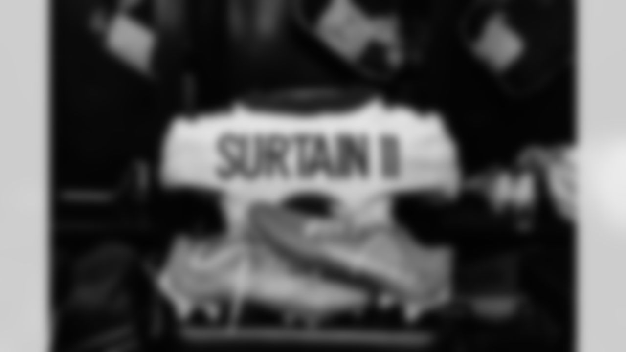Pat Surtain II's jersey and custom cleats in the locker room the Broncos' Week 16 game against the Las Vegas Raiders at Allegiant Stadium in Las Vegas, Nevada on December 26, 2021. (Photo by Joe Abdellah)