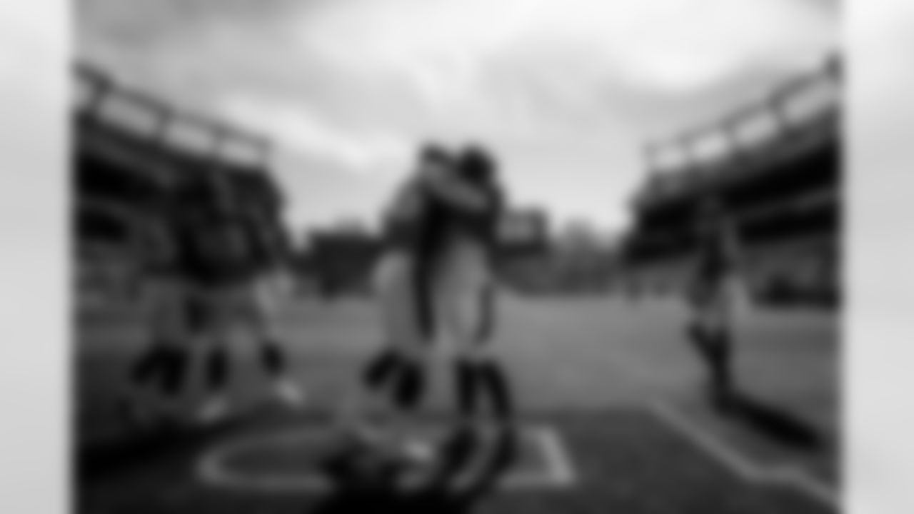 Melvin Gordon III and Albert Okwuegbunam before the Broncos' Week 3 game against the New York Jets at Empower Field at Mile High in Denver, Colorado on September 26, 2021. (Photo by Sam Weaver)