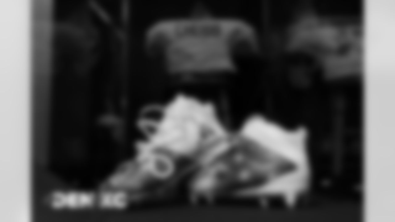 Bradley Chubb's custom cleats for My Cause My Cleats in the locker room before the Broncos' Week 13 game against the Kansas City Chiefs at Arrowhead Stadium in Kansas City, Missouri. (Photo by Gabriel Christus)