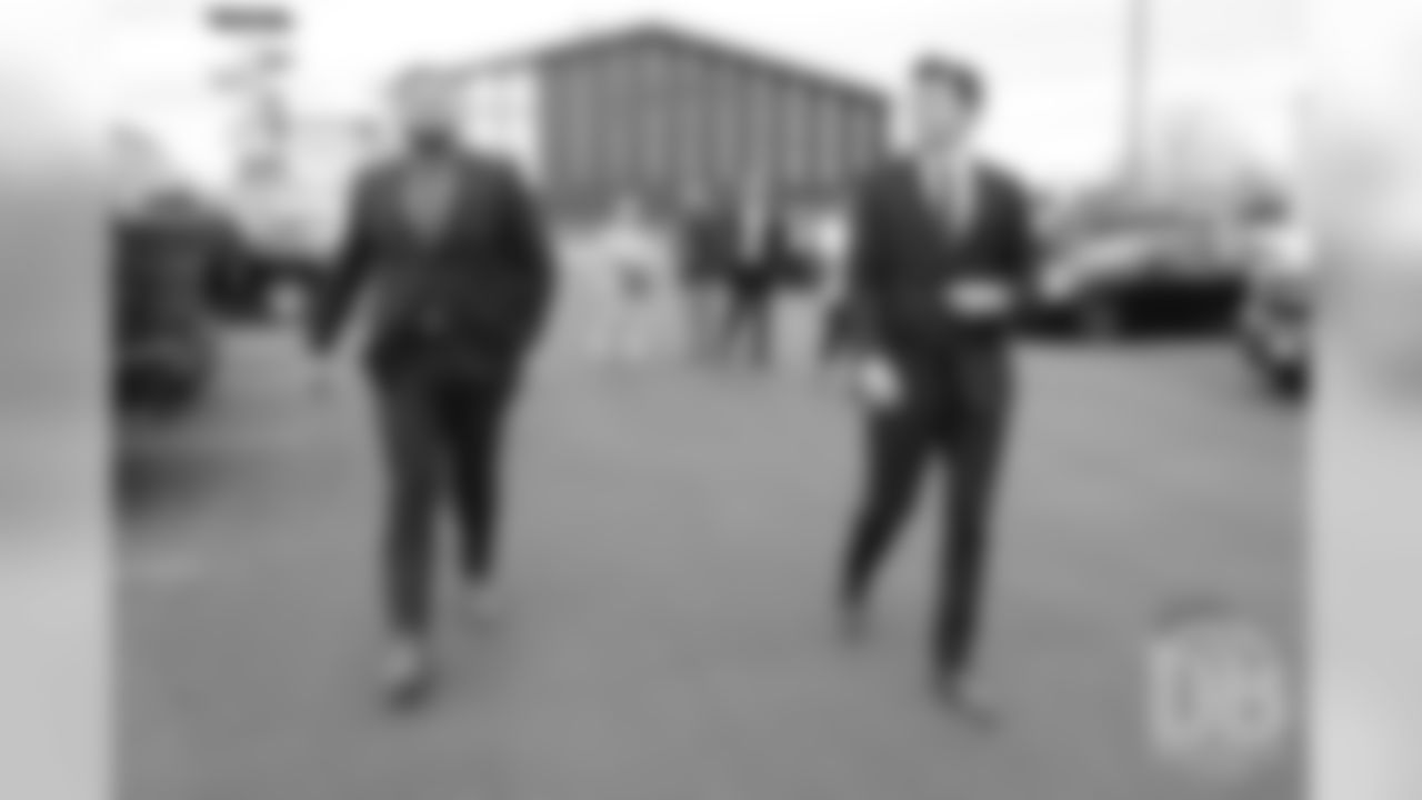Dalton Risner and Drew Lock walk into the facility during the arrival tour for Day 2 picks at UCHealth Training Center on April 27, 2019 after the Broncos drafted them in the 2019 NFL Draft.