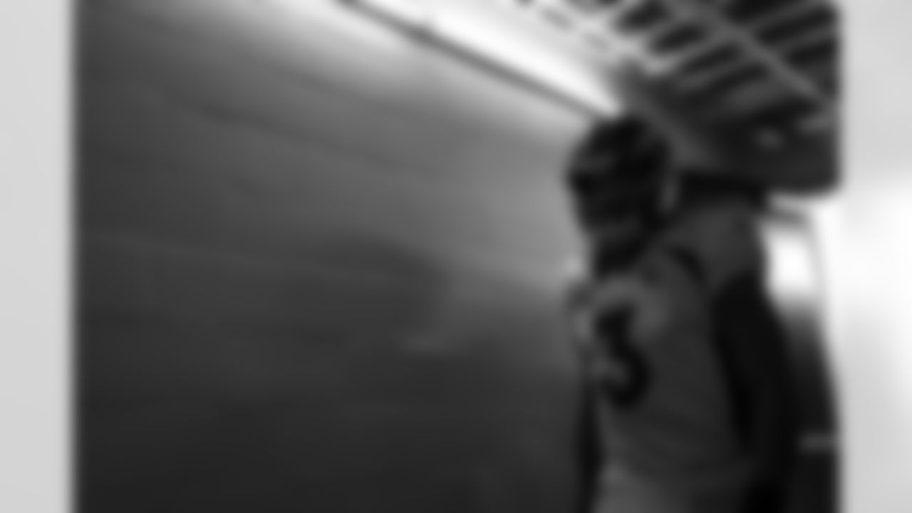 Russell Wilson in the tunnel before the Broncos' Week 4 game against the Las Vegas Raiders at Allegiant Stadium in Las Vegas, Nevada on October 2, 2022. (Photo by Ben Swanson)