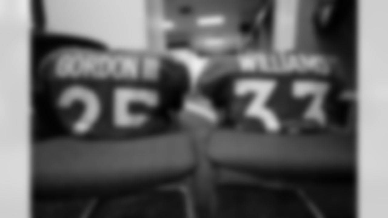 Melvin Gordon III's and Javonte Williams jerseys in the locker room before the Broncos' Week 3 game against the New York Jets at Empower Field at Mile High in Denver, Colorado on September 26, 2021. (Photo by Sam Weaver)