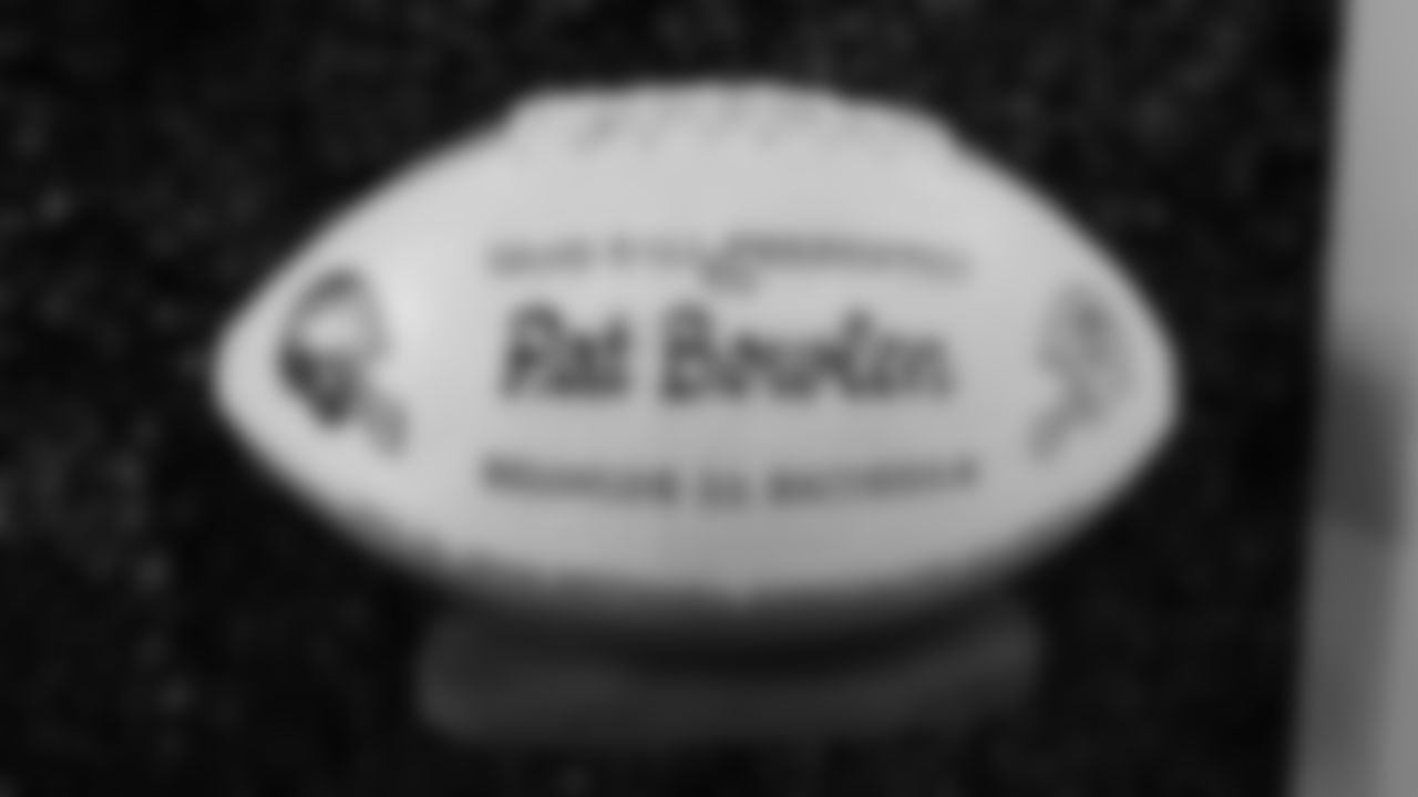 Mr. Bowlen's game ball from the Broncos' November 30, 2003, victory over the Raiders is featured in a display at the open-house tribute to Pat Bowlen at Broncos Stadium at Mile High on June 18, 2019.