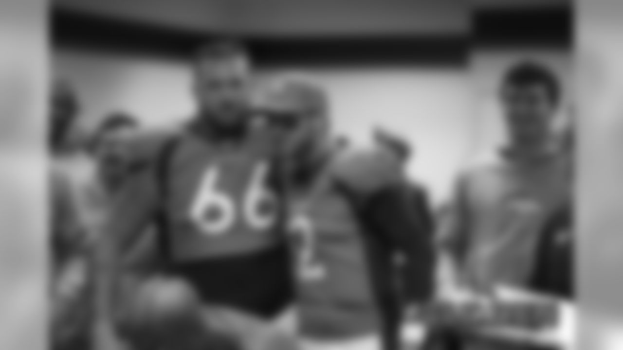 Dalton Risner and Brandon Allen celebrate the win over the Cleveland Browns at Empower Field at Mile High in Denver, Colorado, on November 3, 2019.
Photo by Gabriel Christus