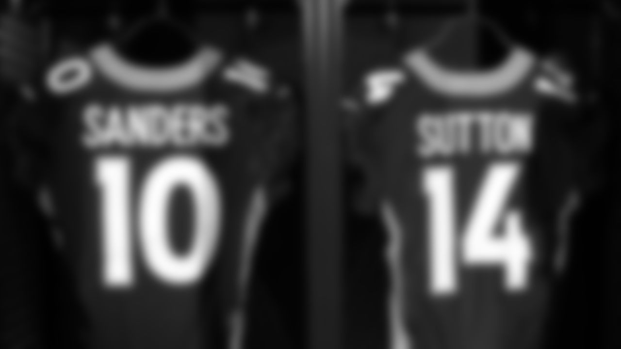 Emmanuel Sanders' and Courtland Sutton's jerseys during a photoshoot of the Broncos' alternate blue jerseys on October 10, 2019. (Photo by Ben Swanson)